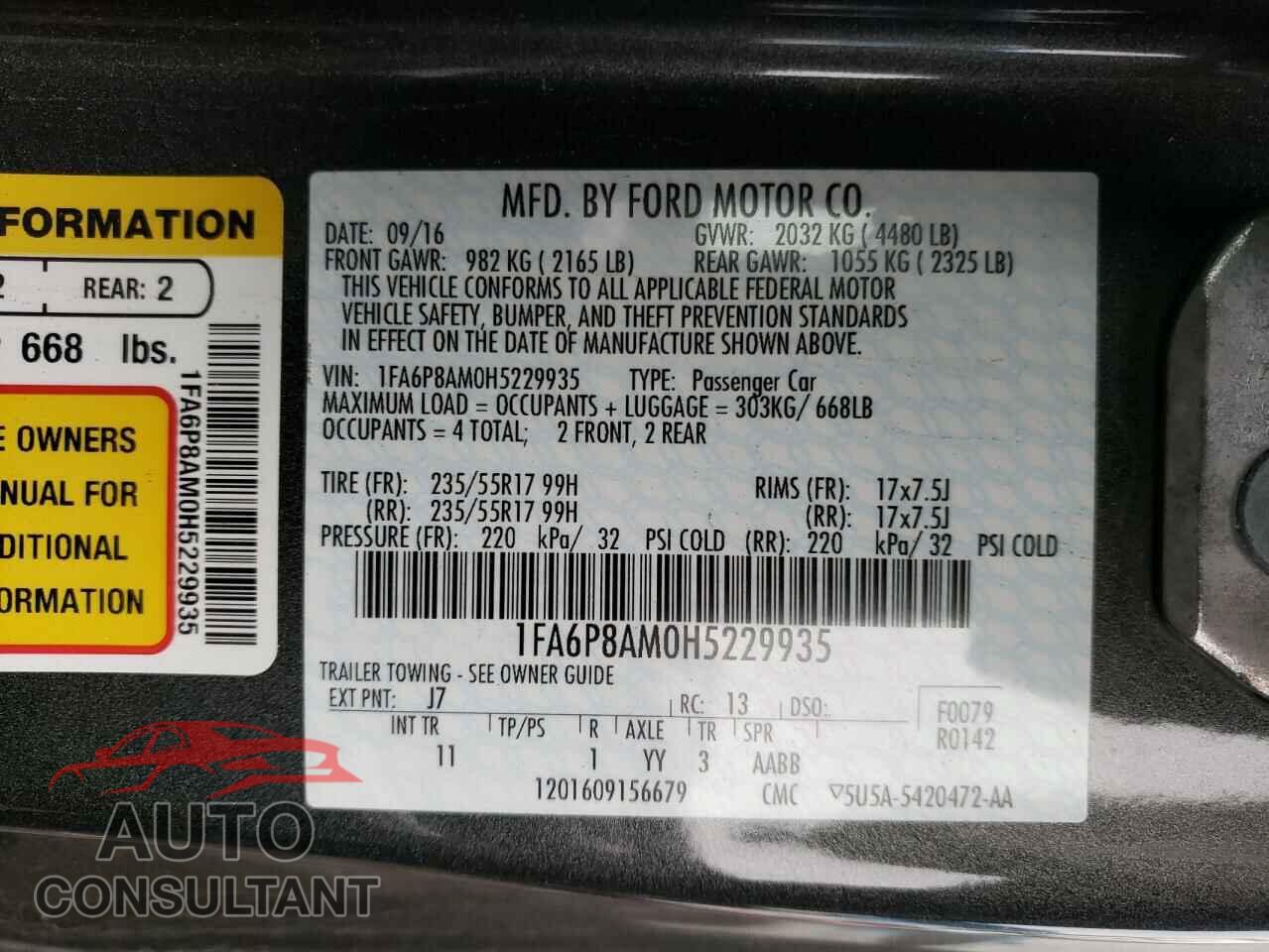 FORD MUSTANG 2017 - 1FA6P8AM0H5229935