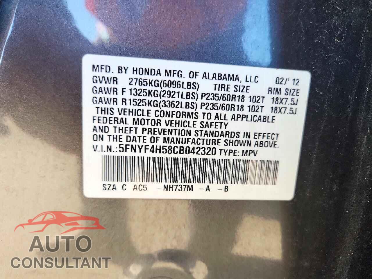 HONDA PILOT 2012 - 5FNYF4H58CB042320