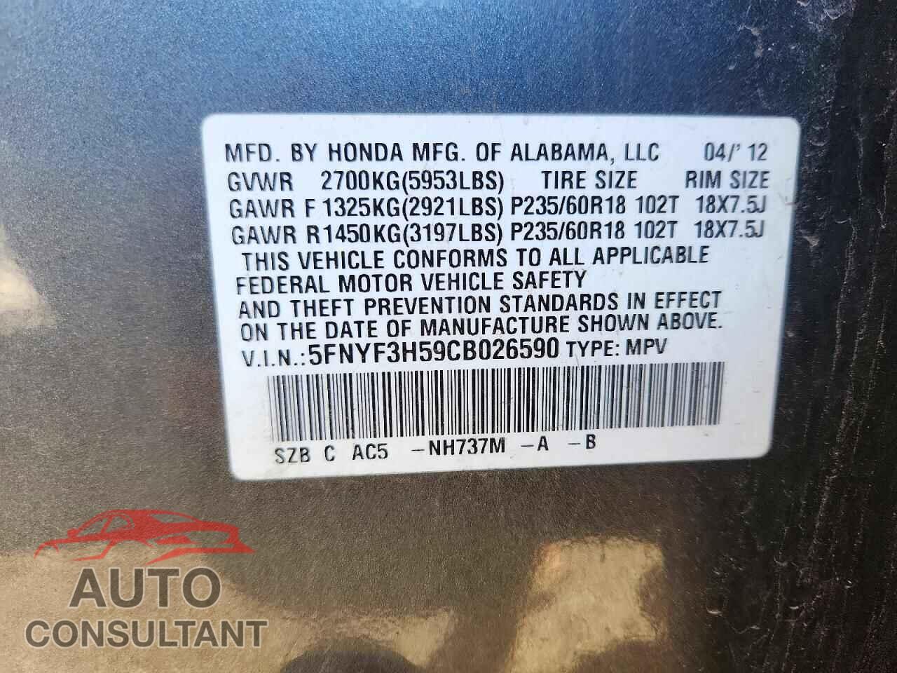 HONDA PILOT 2012 - 5FNYF3H59CB026590