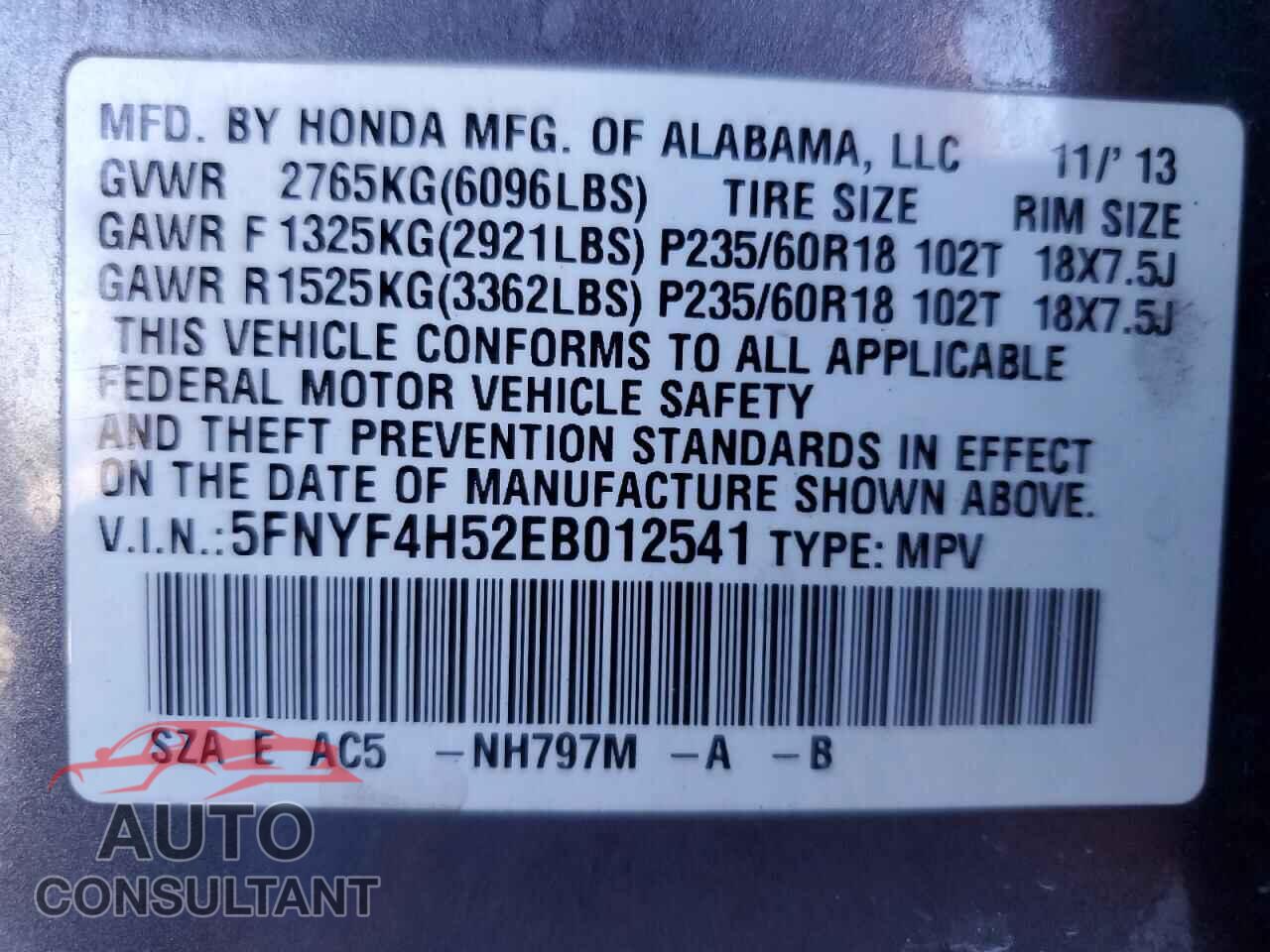 HONDA PILOT 2014 - 5FNYF4H52EB012541