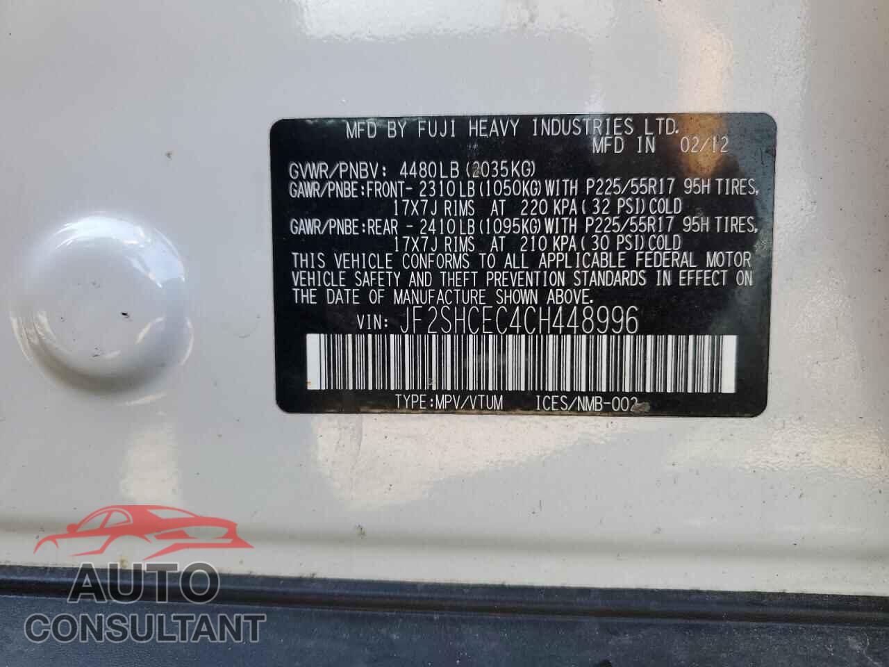 SUBARU FORESTER 2012 - JF2SHCEC4CH448996