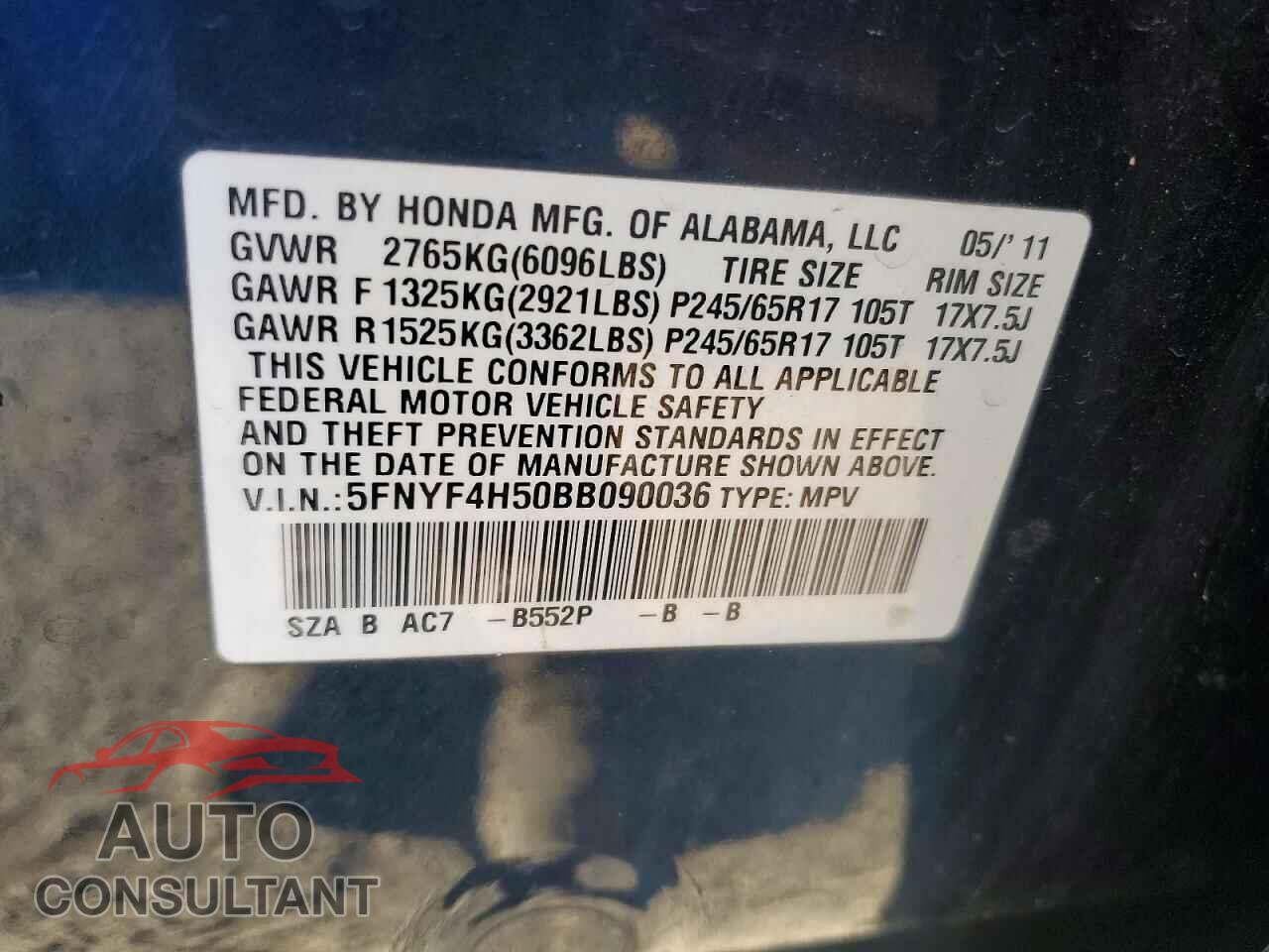HONDA PILOT 2011 - 5FNYF4H50BB090036