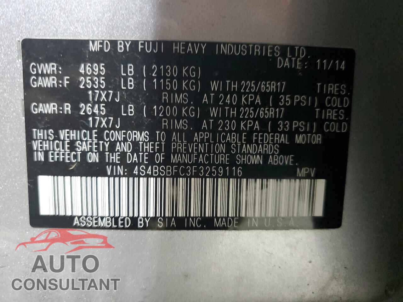 SUBARU OUTBACK 2015 - 4S4BSBFC3F3259116