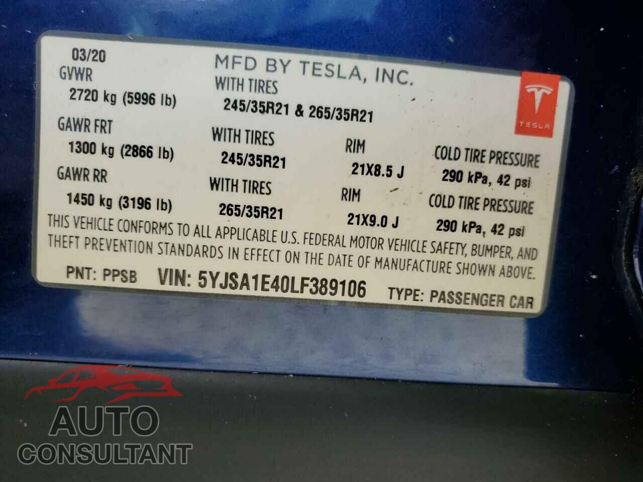 TESLA MODEL S 2020 - 5YJSA1E40LF389106