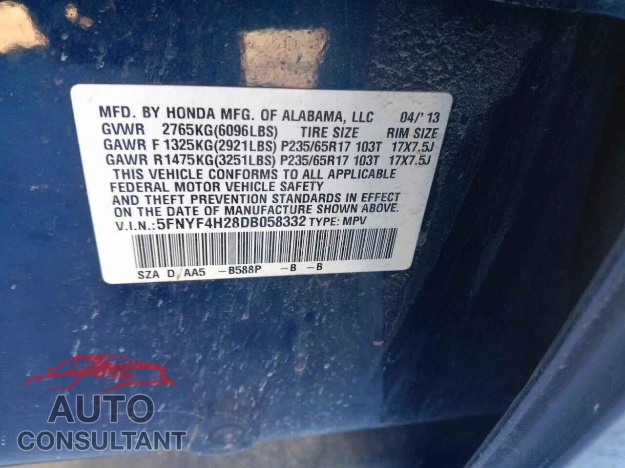 HONDA PILOT 2013 - 5FNYF4H28DB058332