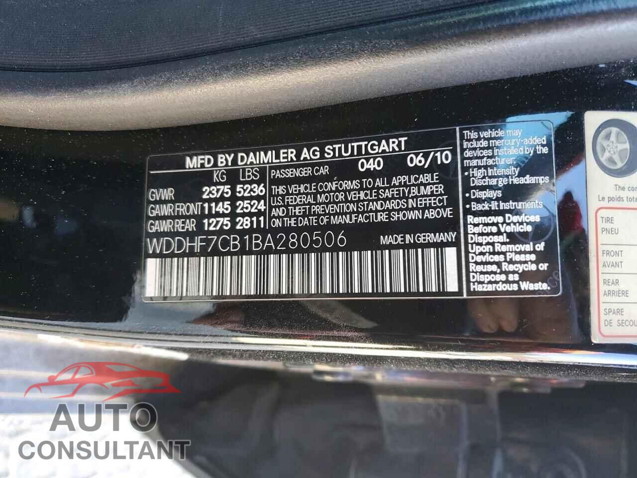 MERCEDES-BENZ E-CLASS 2011 - WDDHF7CB1BA280506