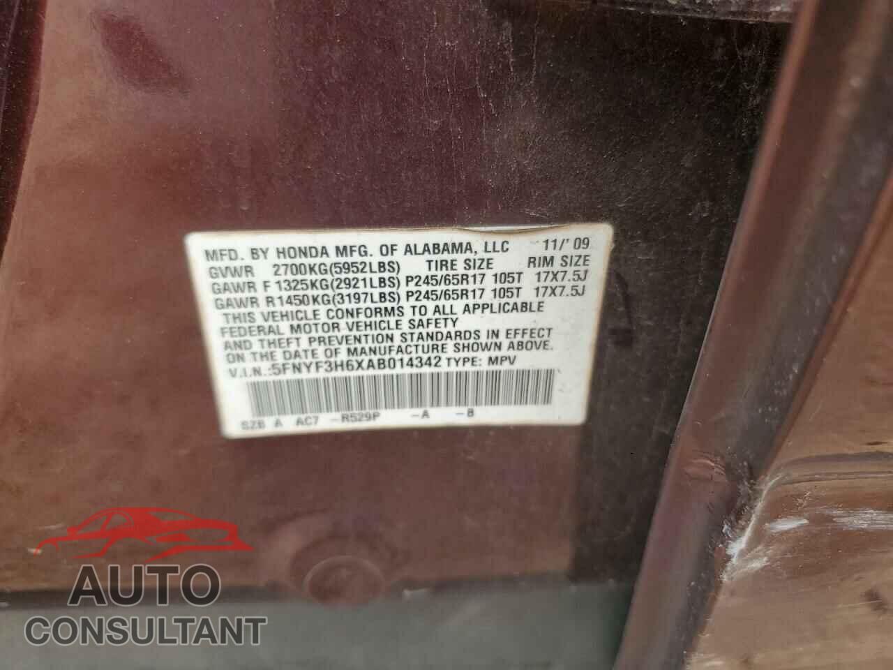 HONDA PILOT 2010 - 5FNYF3H6XAB014342