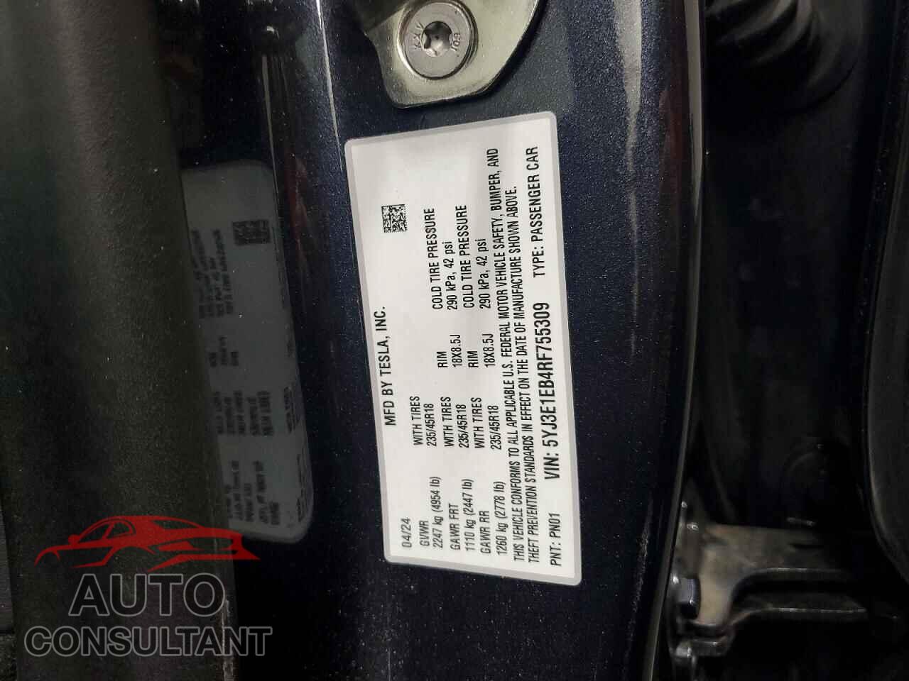 TESLA MODEL 3 2024 - 5YJ3E1EB4RF755309