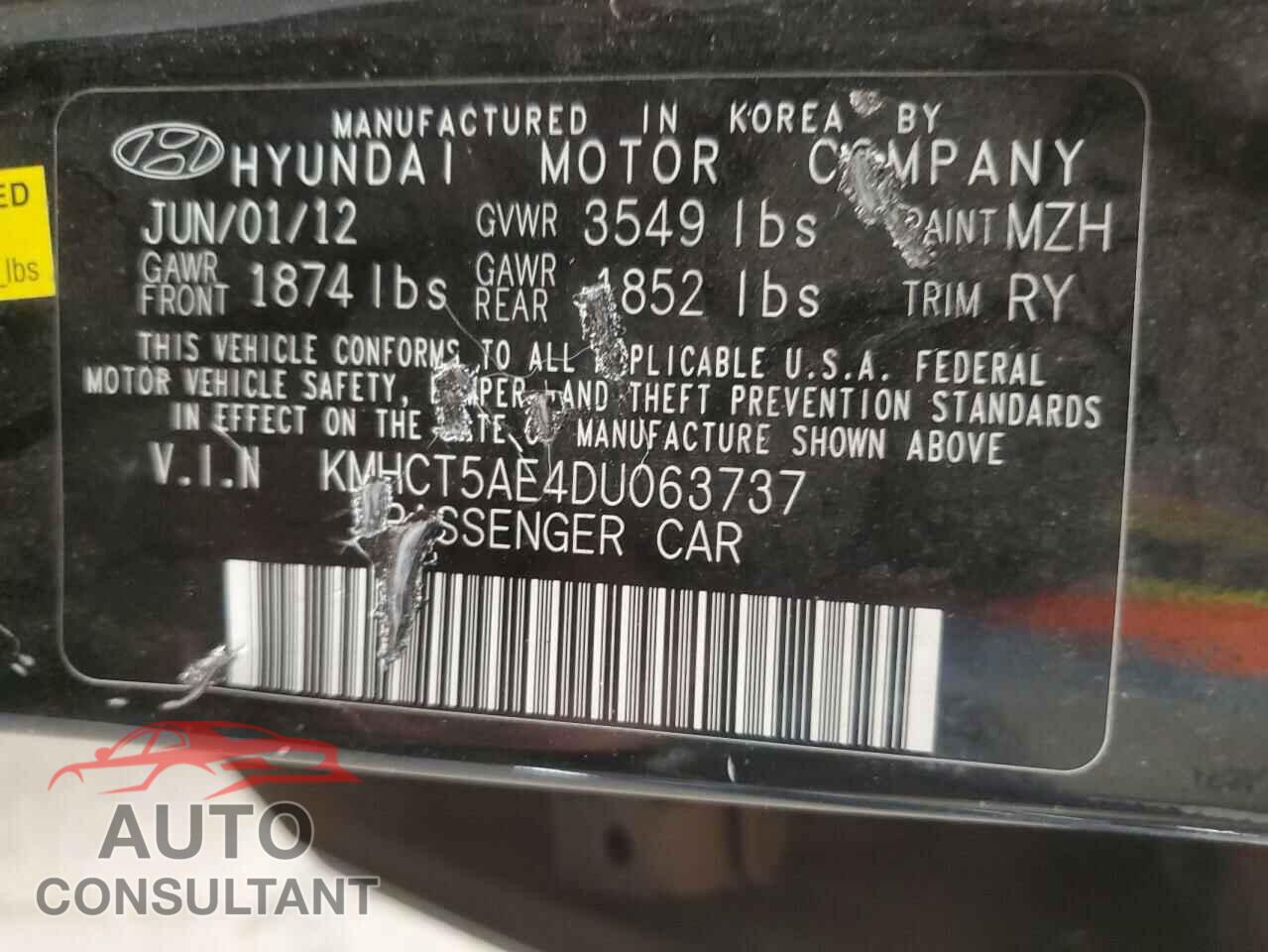 HYUNDAI ACCENT 2013 - KMHCT5AE4DU063737