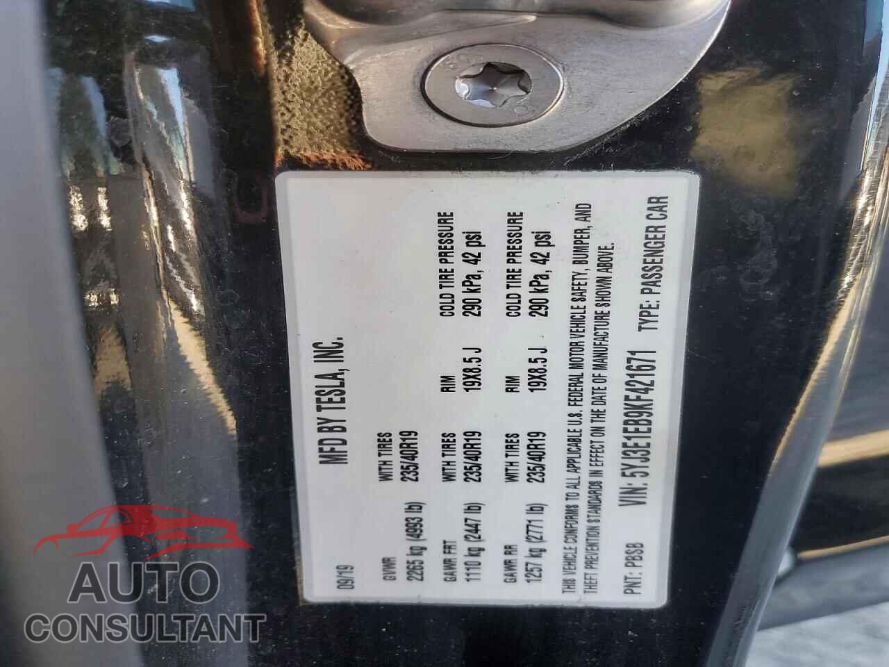 TESLA MODEL 3 2019 - 5YJ3E1EB9KF421671