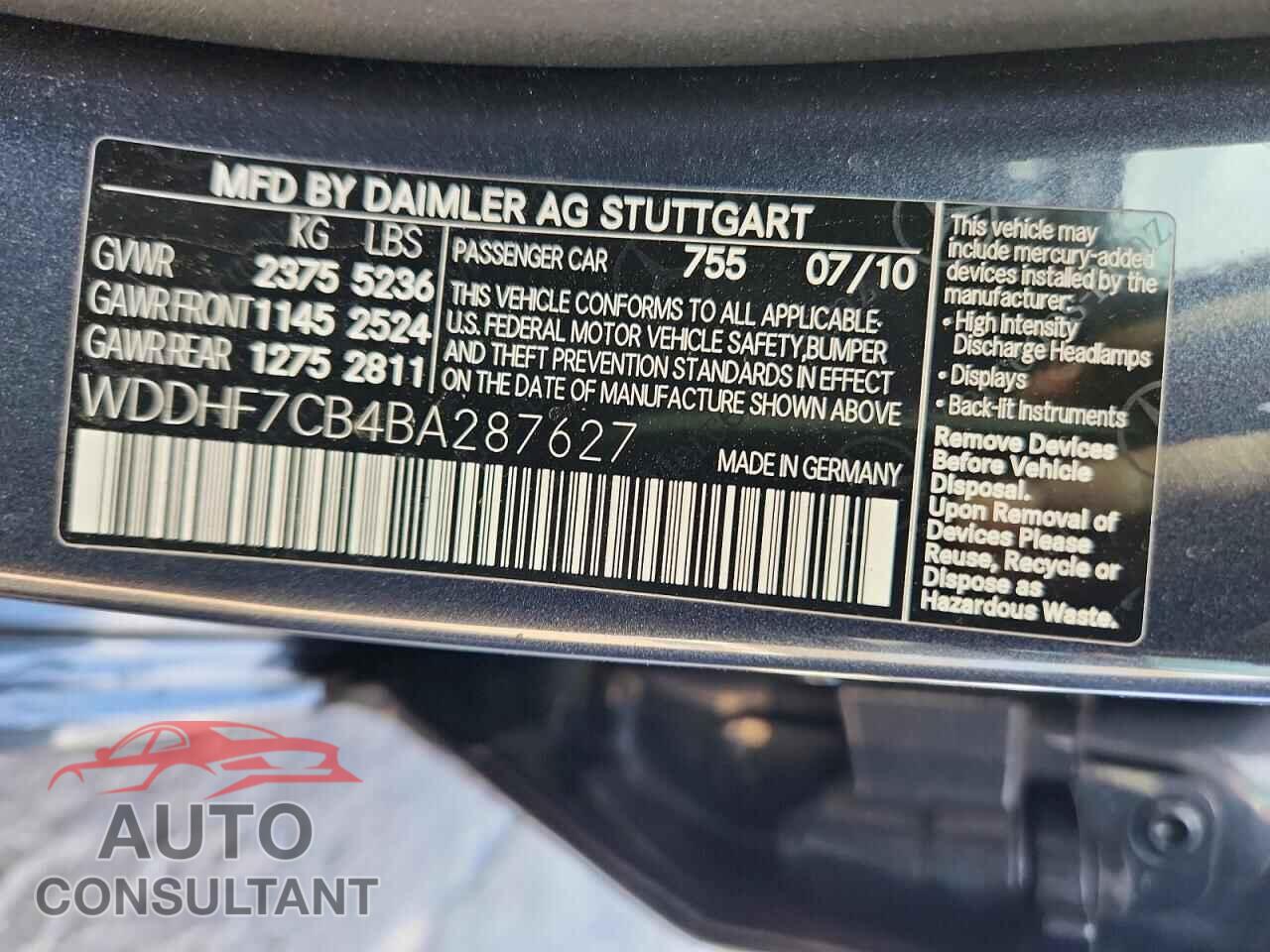 MERCEDES-BENZ E 2011 - WDDHF7CB4BA287627