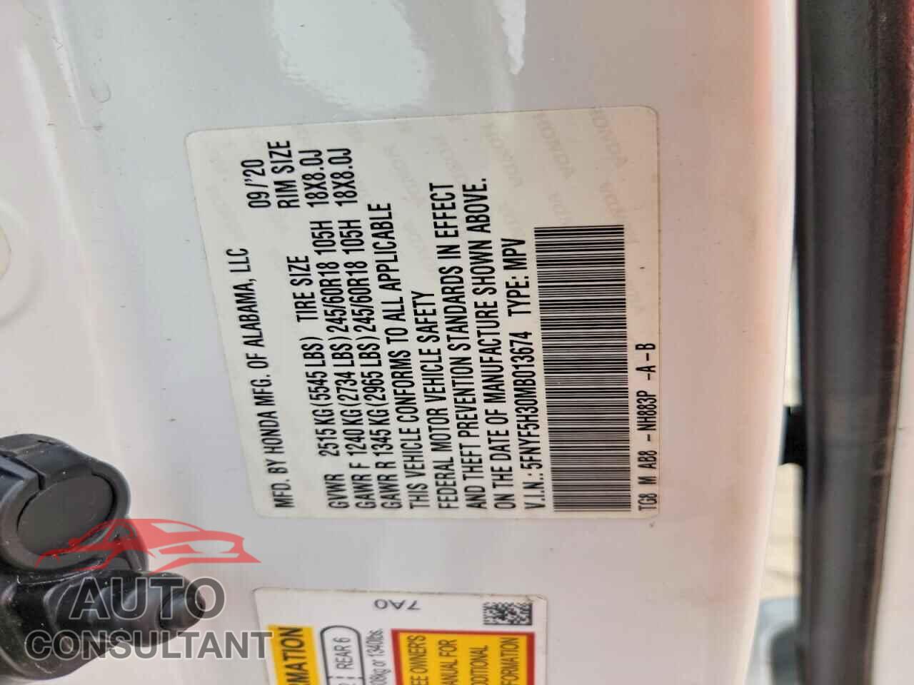 HONDA PILOT 2021 - 5FNYF5H30MB013674