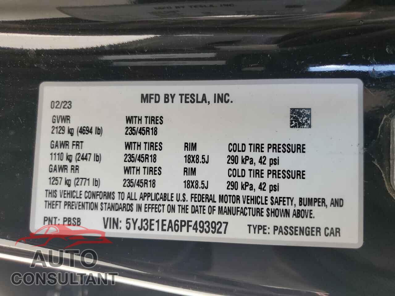 TESLA MODEL 3 2023 - 5YJ3E1EA6PF493927