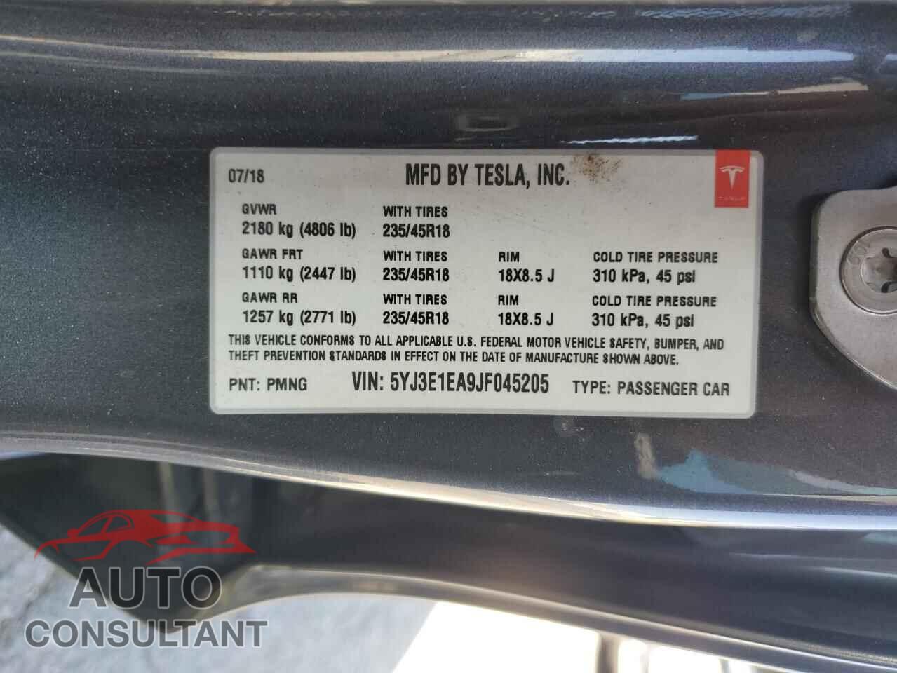 TESLA MODEL 3 2018 - 5YJ3E1EA9JF045205