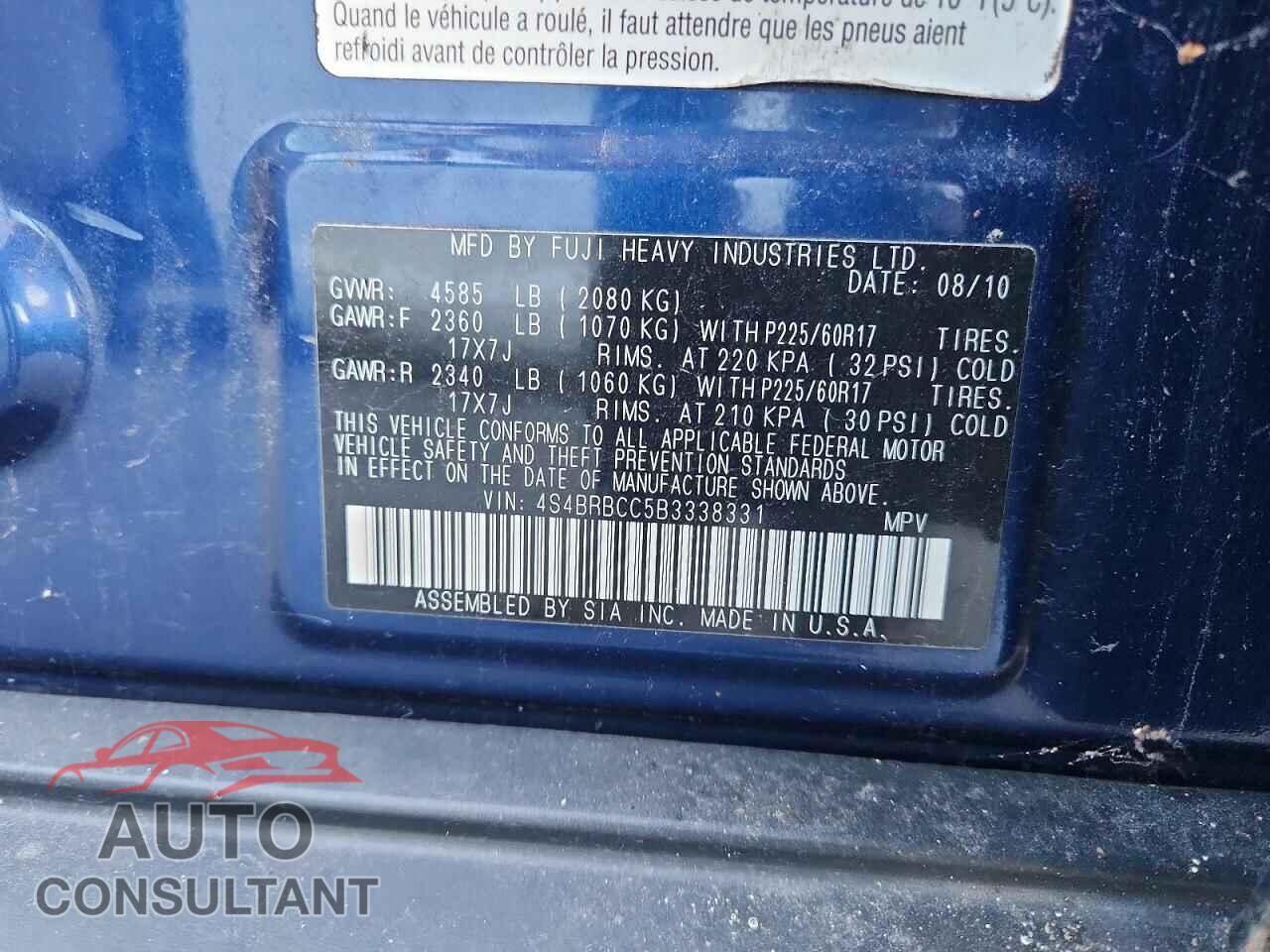 SUBARU OUTBACK 2011 - 4S4BRBCC5B3338331