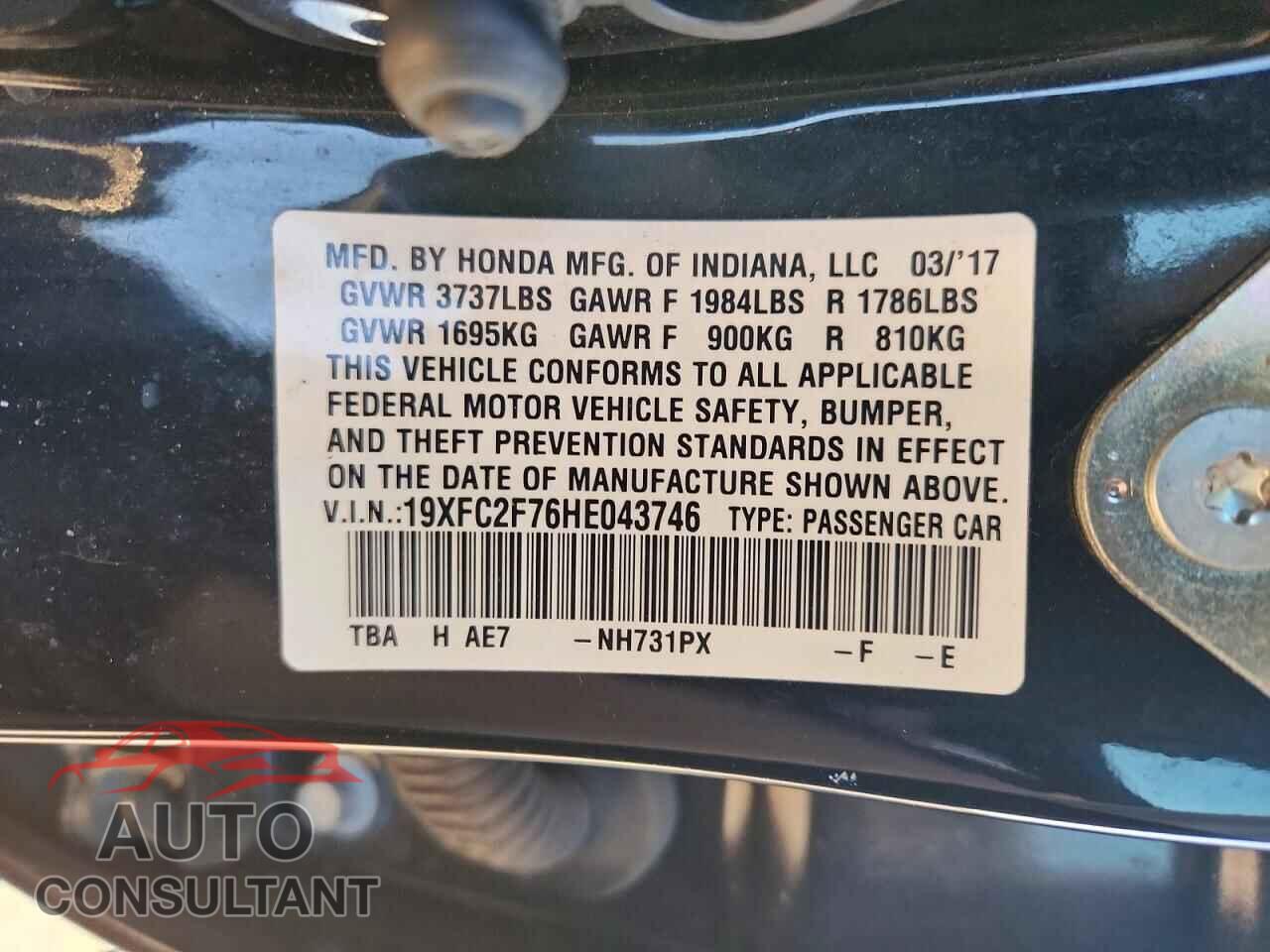 HONDA CIVIC 2017 - 19XFC2F76HE043746