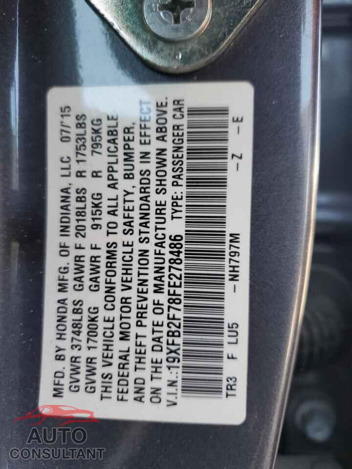 HONDA CIVIC 2015 - 19XFB2F78FE278486
