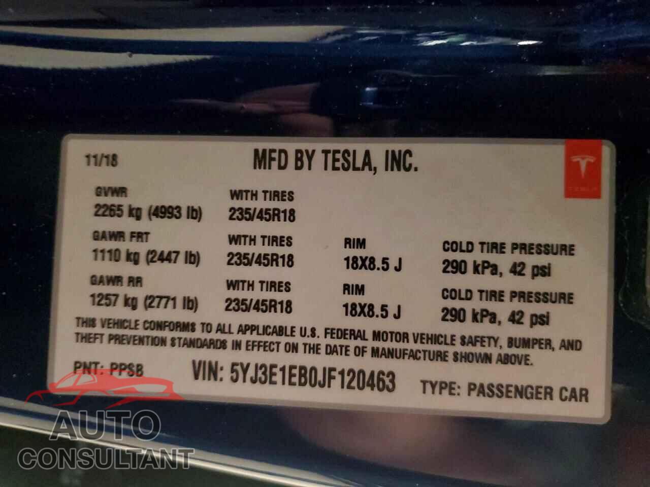 TESLA MODEL 3 2018 - 5YJ3E1EB0JF120463