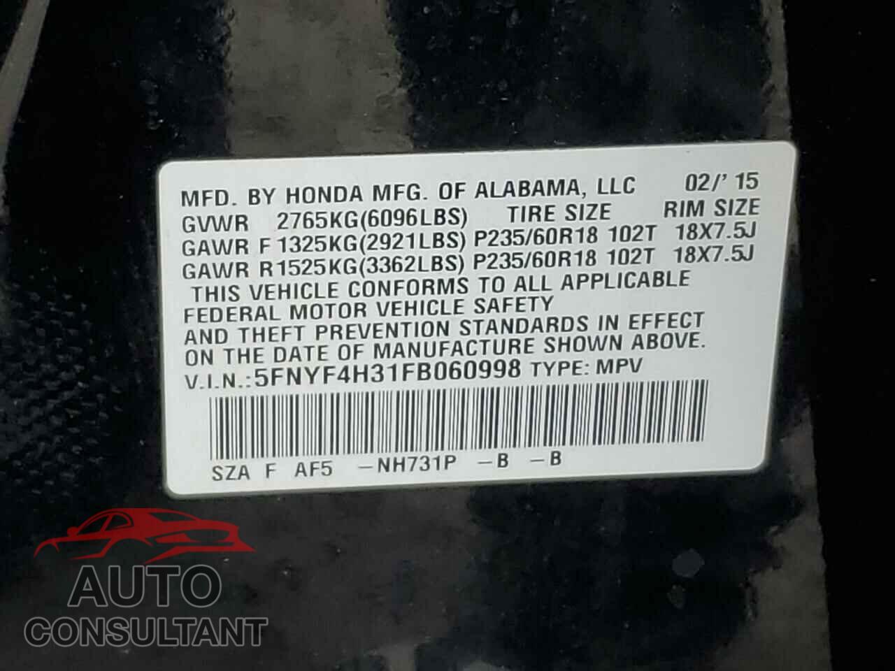 HONDA PILOT 2015 - 5FNYF4H31FB060998