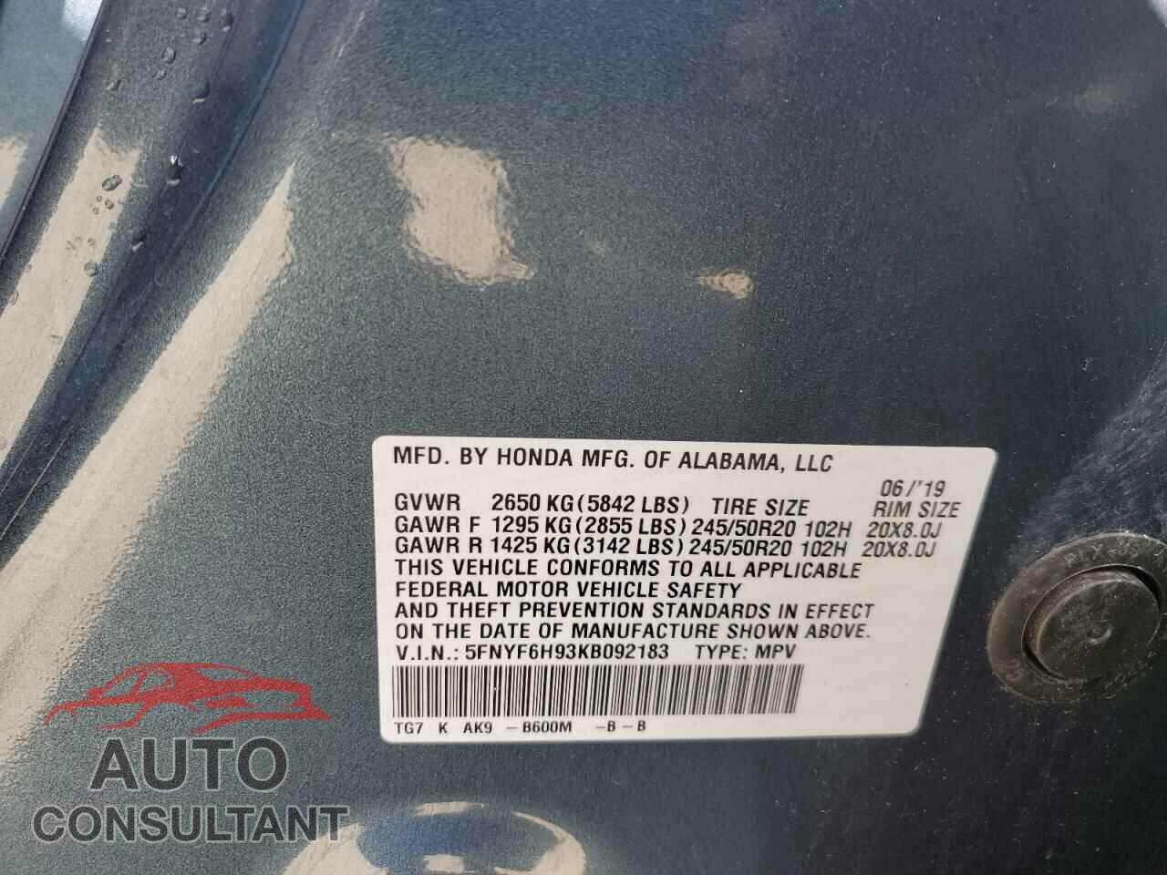 HONDA PILOT 2019 - 5FNYF6H93KB092183