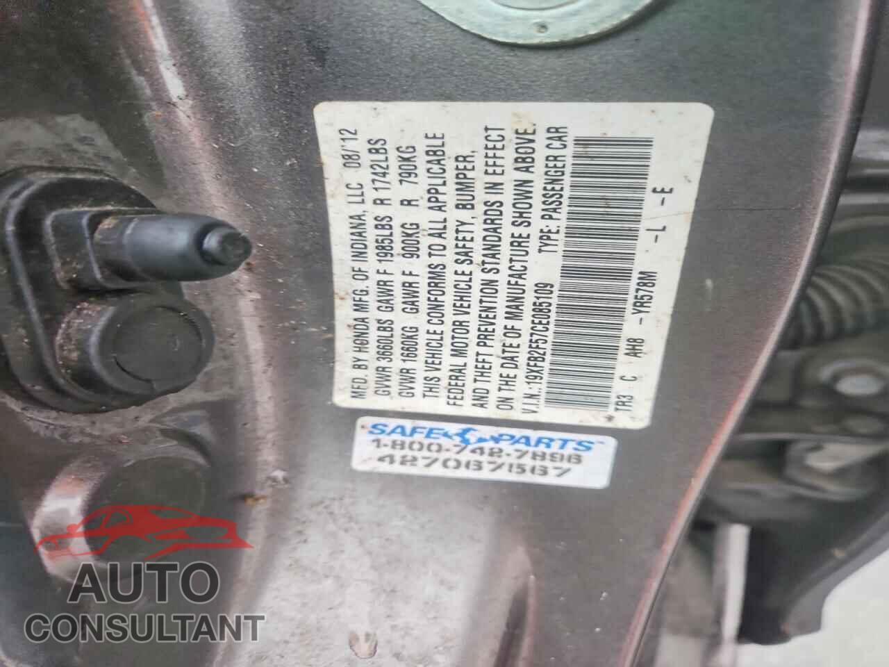 HONDA CIVIC 2012 - 19XFB2F57CE085109