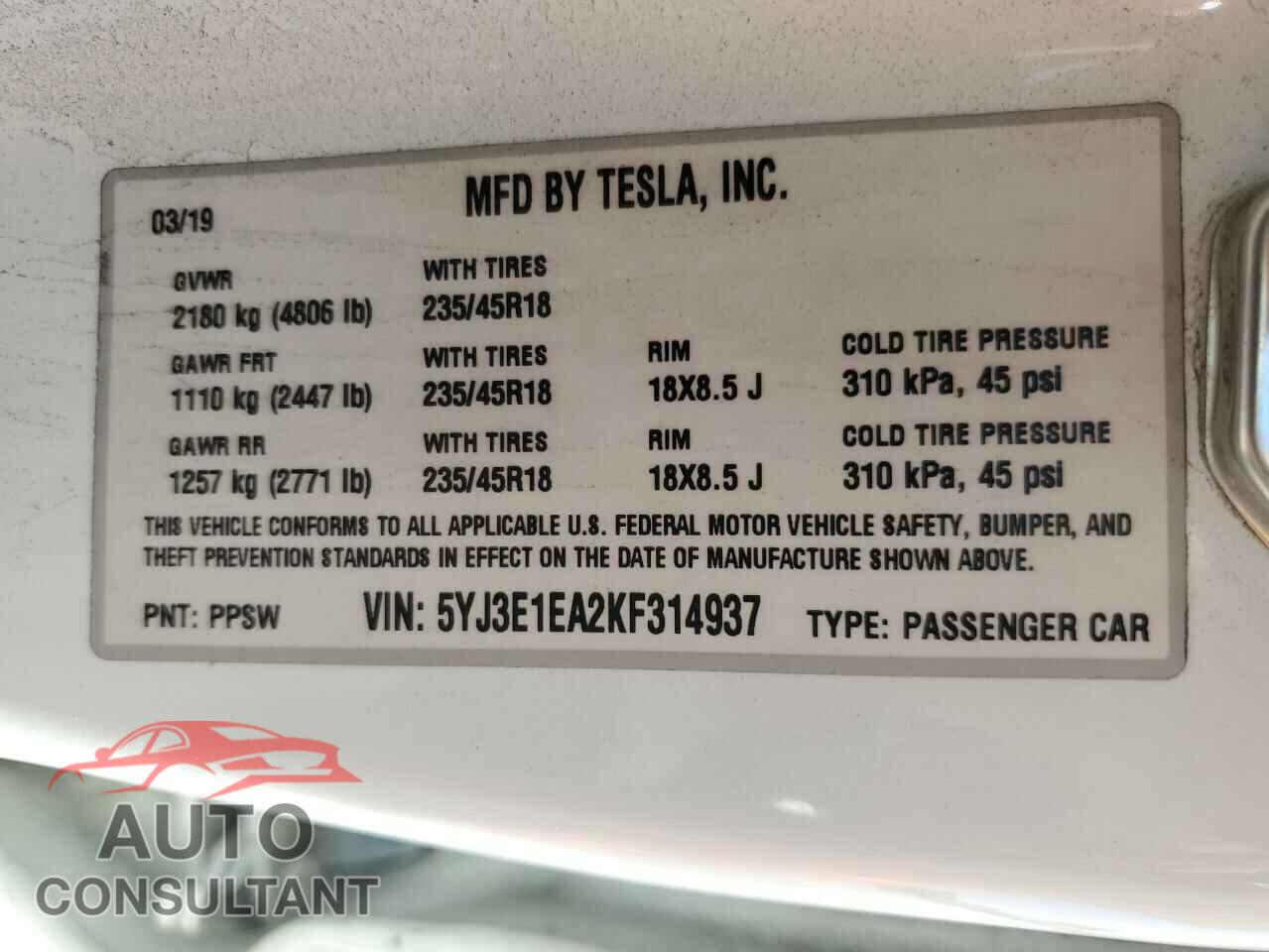 TESLA MODEL 3 2019 - 5YJ3E1EA2KF314937