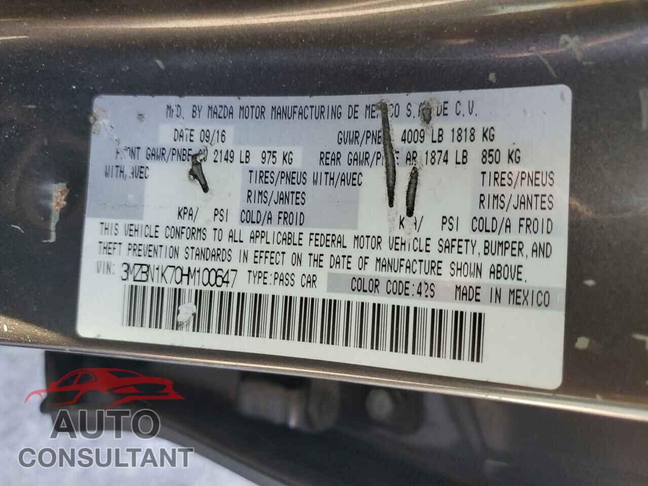 MAZDA 3 2017 - 3MZBN1K70HM100647