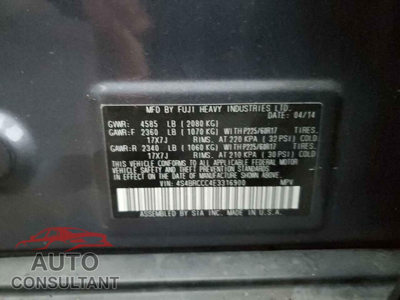 SUBARU OUTBACK 2014 - 4S4BRCCC4E3316900