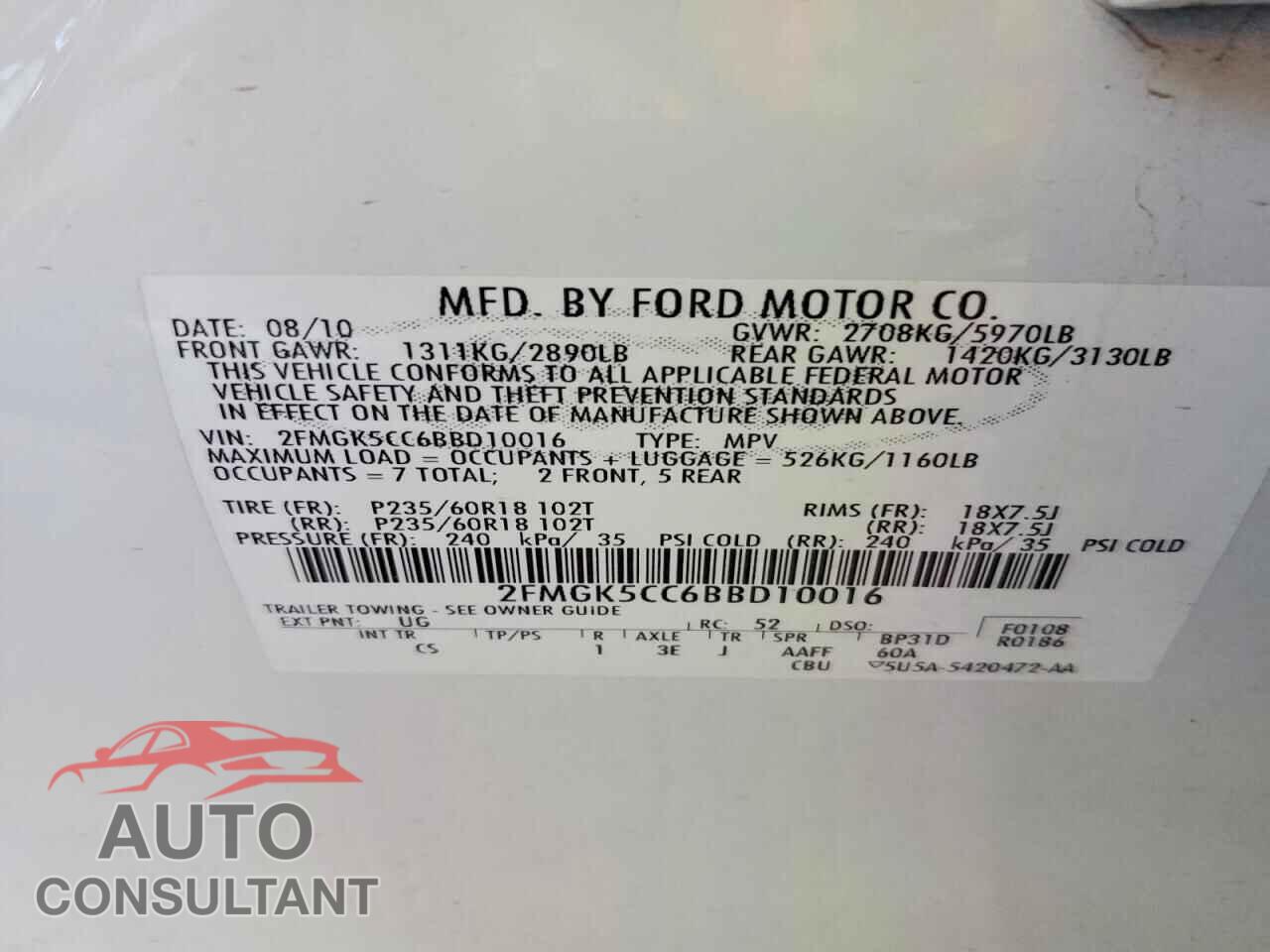FORD FLEX 2011 - 2FMGK5CC6BBD10016