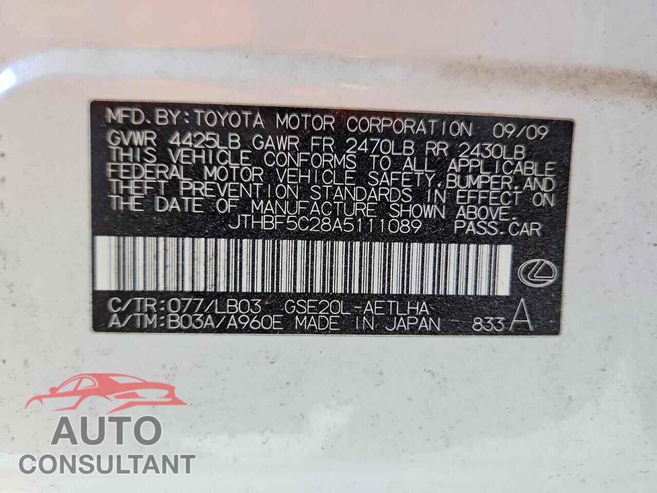 LEXUS IS 2010 - JTHBF5C28A5111089