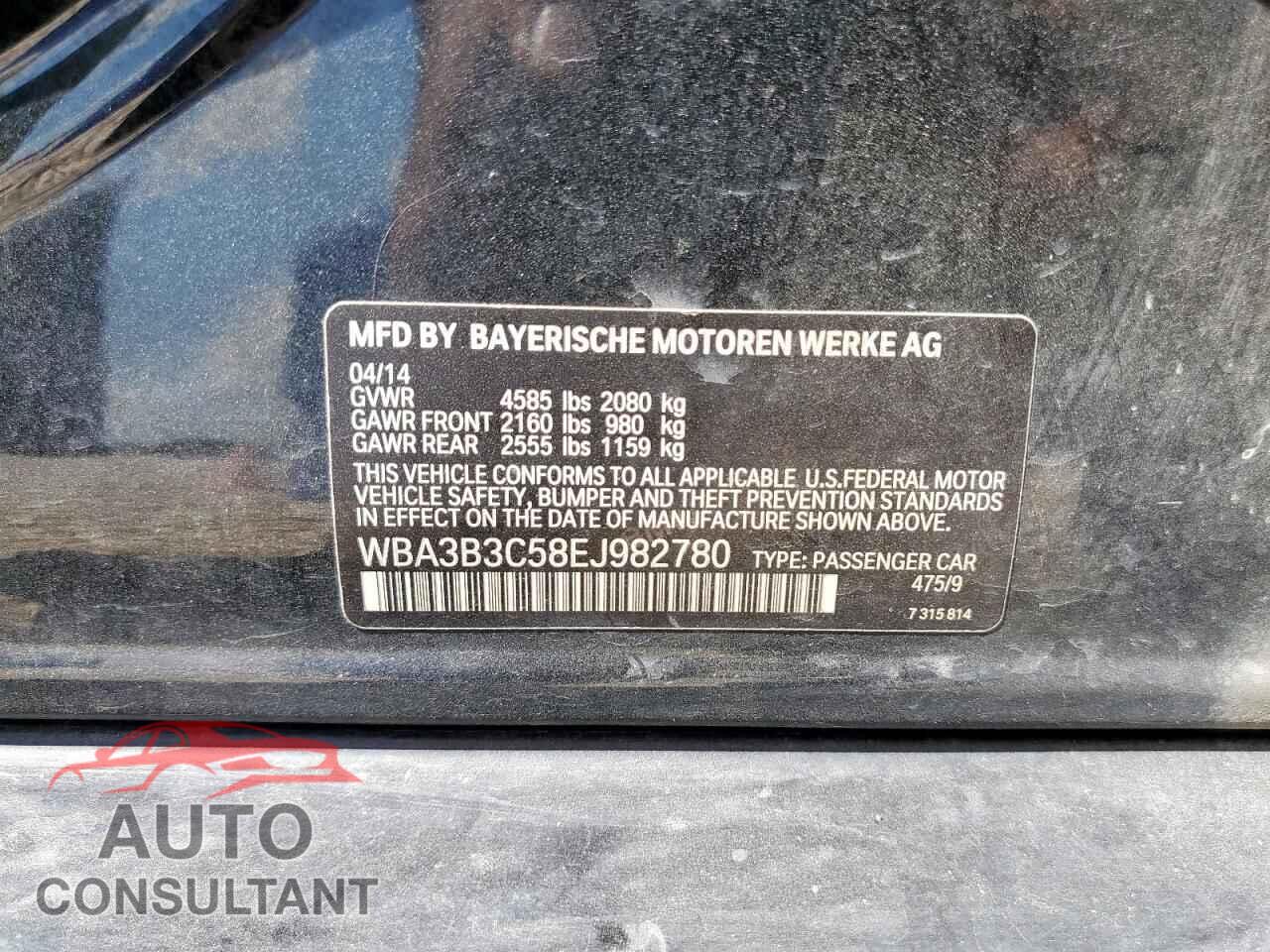 BMW 3 SERIES 2014 - WBA3B3C58EJ982780