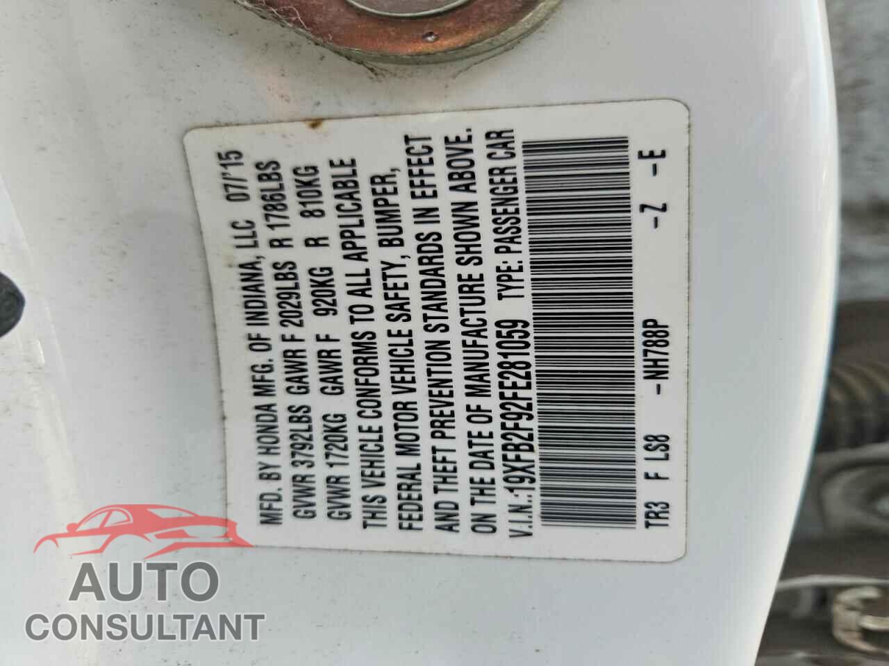 HONDA CIVIC 2015 - 19XFB2F92FE281059
