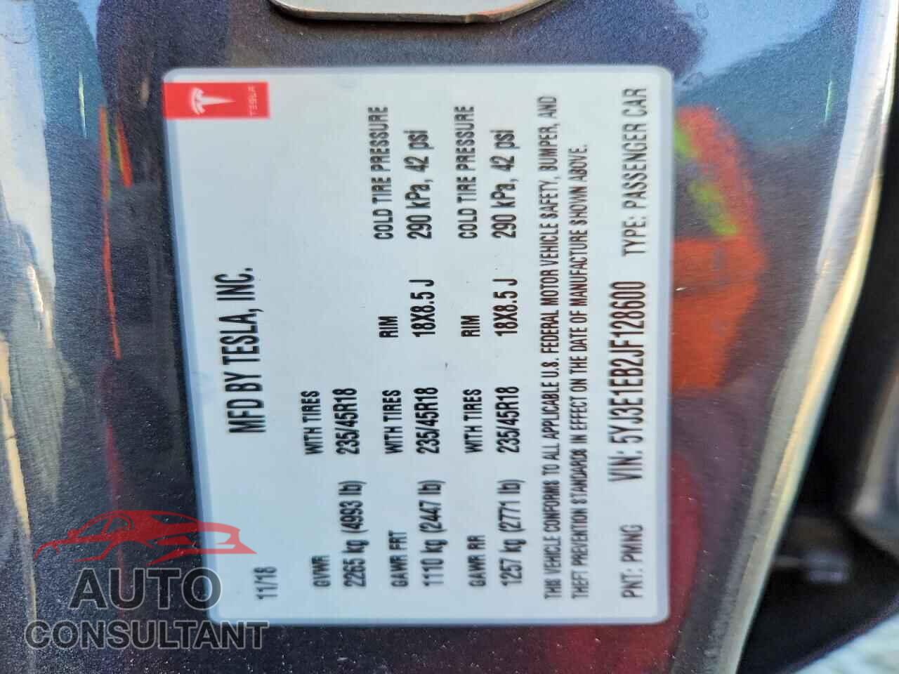 TESLA MODEL 3 2018 - 5YJ3E1EB2JF128600