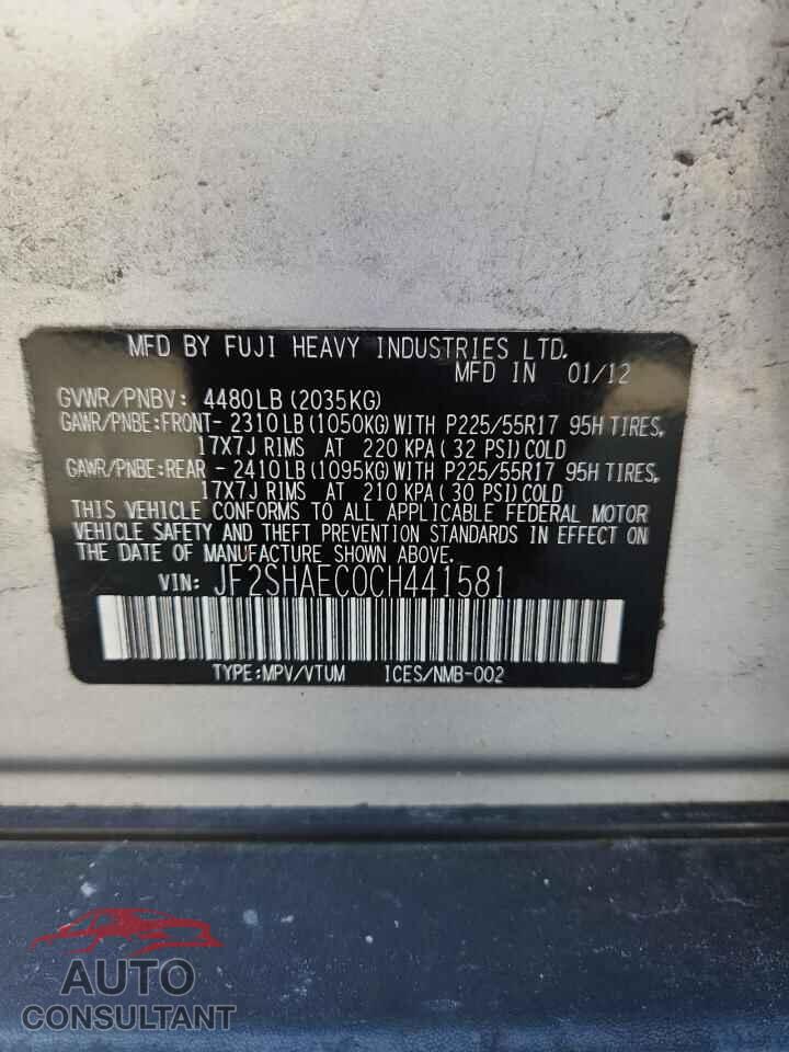 SUBARU FORESTER 2012 - JF2SHAEC0CH441581