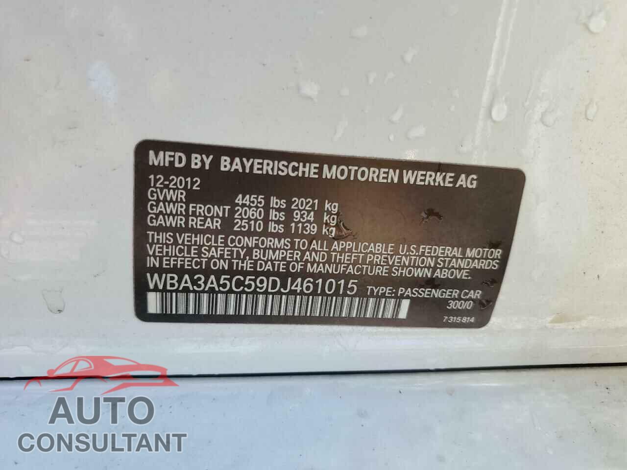 BMW 3 SERIES 2013 - WBA3A5C59DJ461015