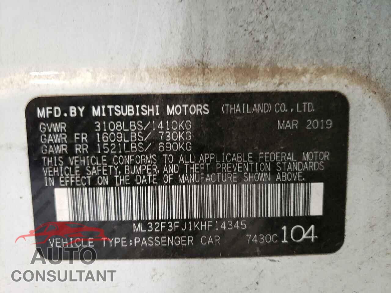 MITSUBISHI MIRAGE 2019 - ML32F3FJ1KHF14345