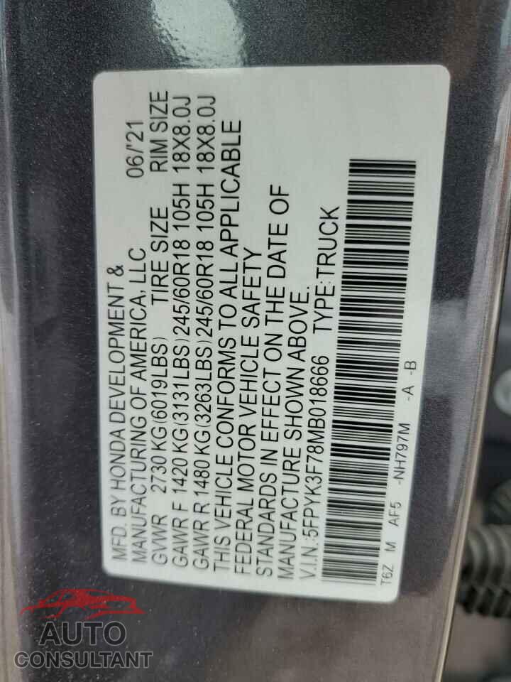 HONDA RIDGELINE 2021 - 5FPYK3F78MB018666