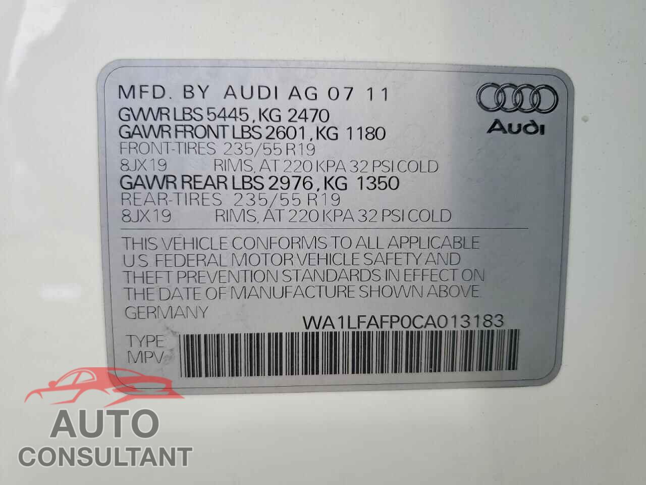 AUDI Q5 2012 - WA1LFAFP0CA013183