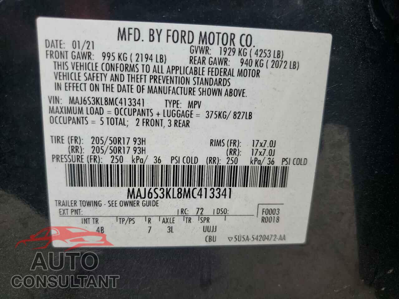 FORD ECOSPORT 2021 - MAJ6S3KL8MC413341