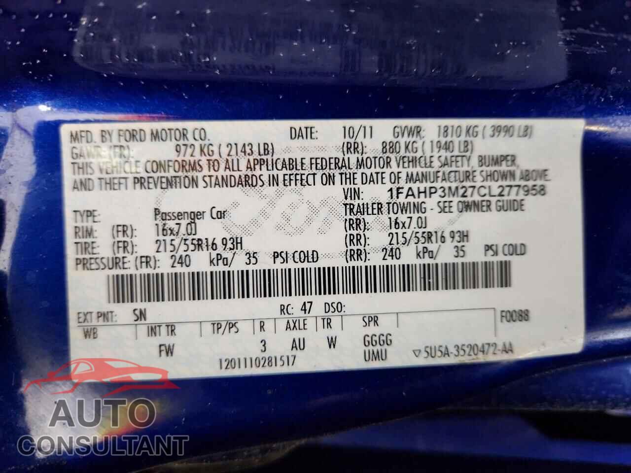 FORD FOCUS 2012 - 1FAHP3M27CL277958