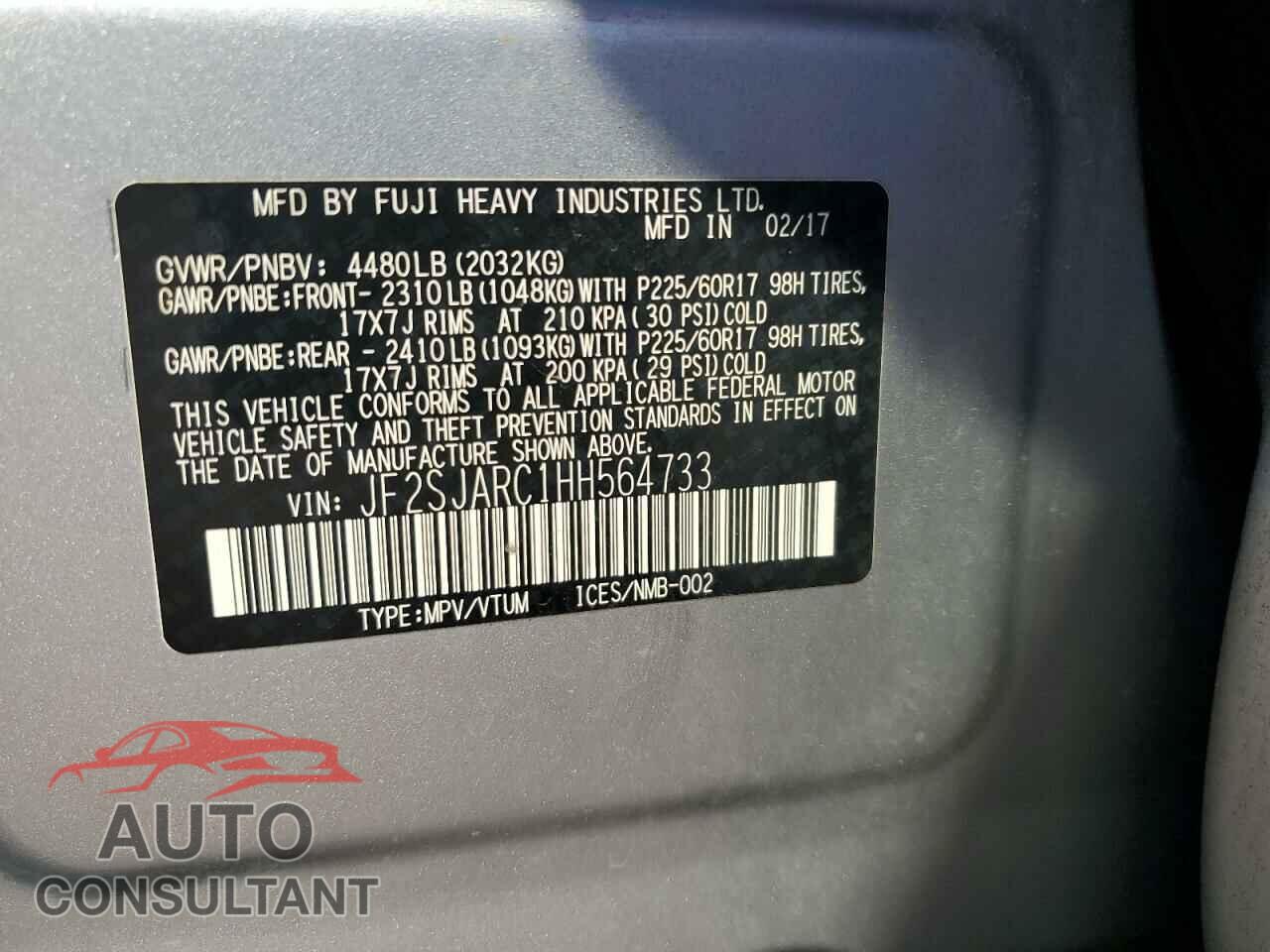 SUBARU FORESTER 2017 - JF2SJARC1HH564733