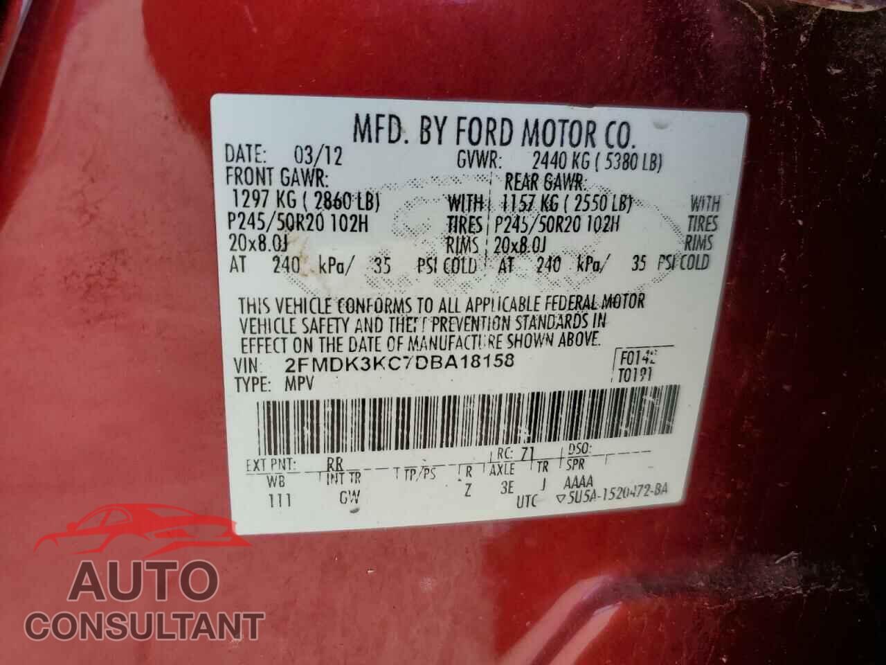FORD EDGE 2013 - 2FMDK3KC7DBA18158