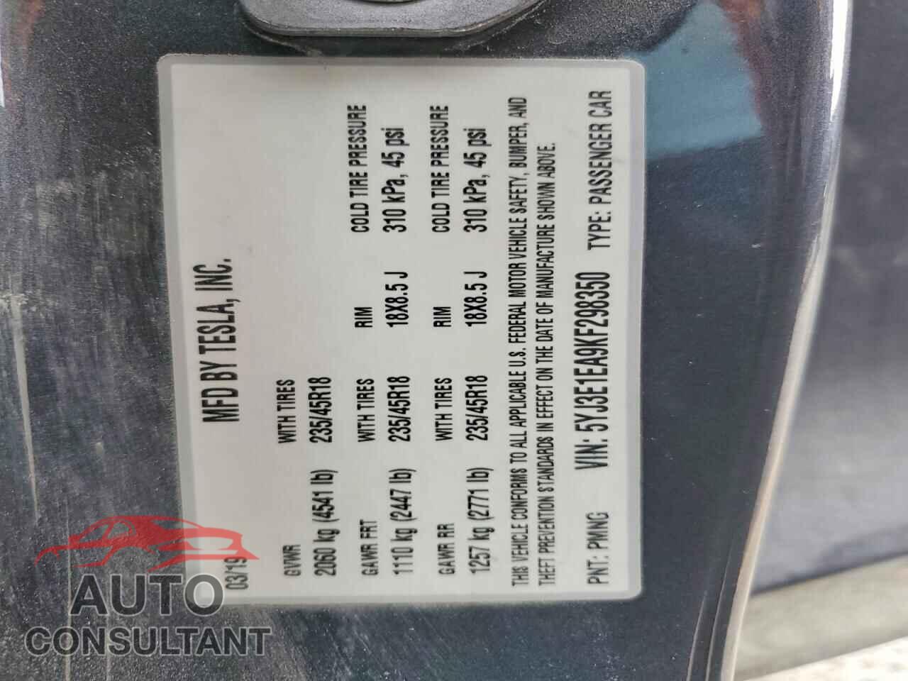 TESLA MODEL 3 2019 - 5YJ3E1EA9KF298350