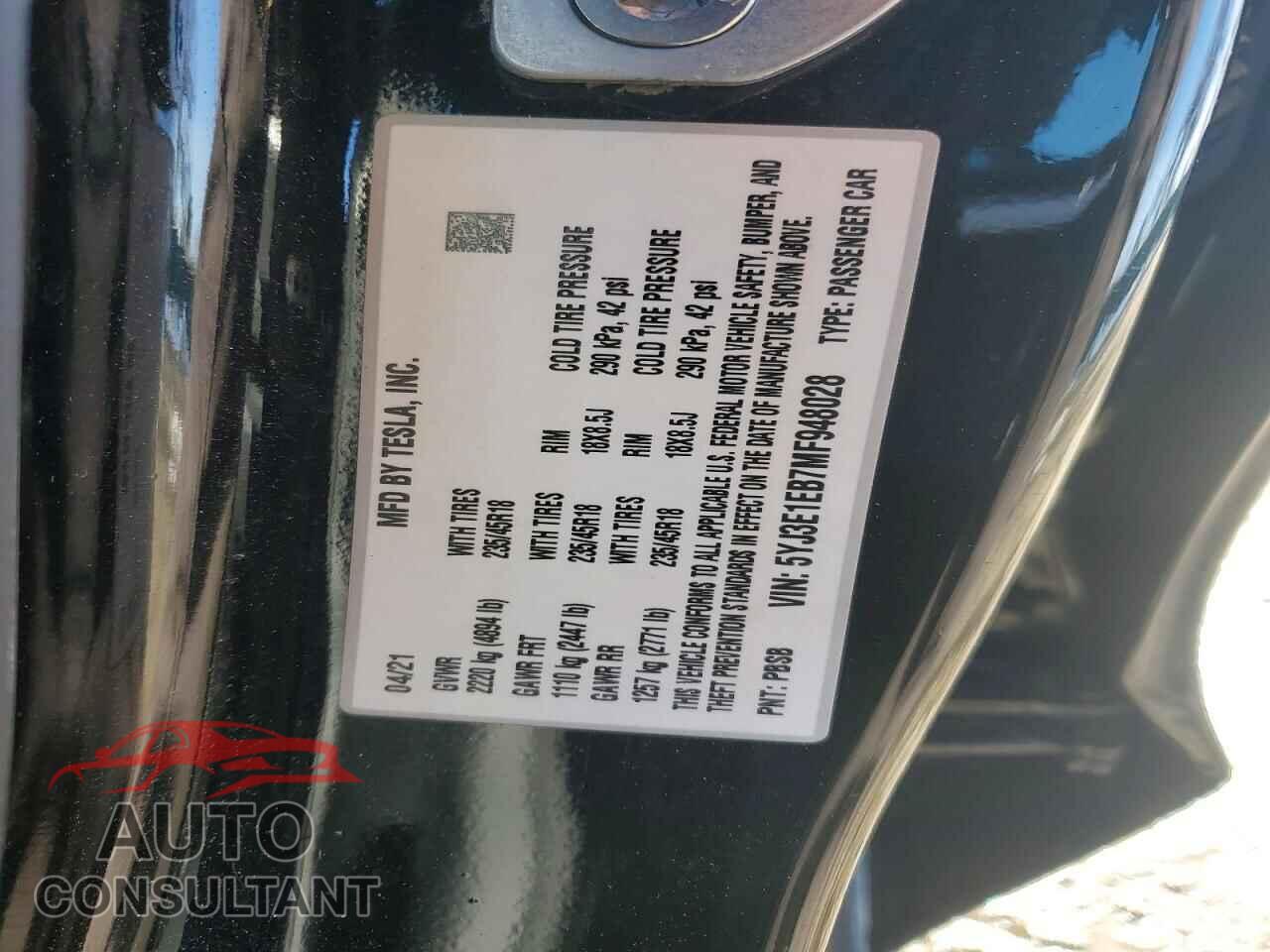 TESLA MODEL 3 2021 - 5YJ3E1EB7MF948028