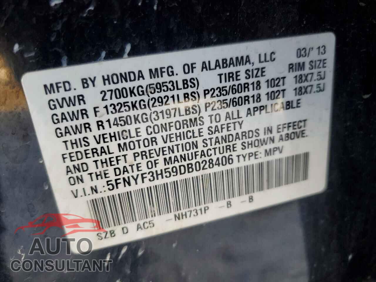 HONDA PILOT 2013 - 5FNYF3H59DB028406
