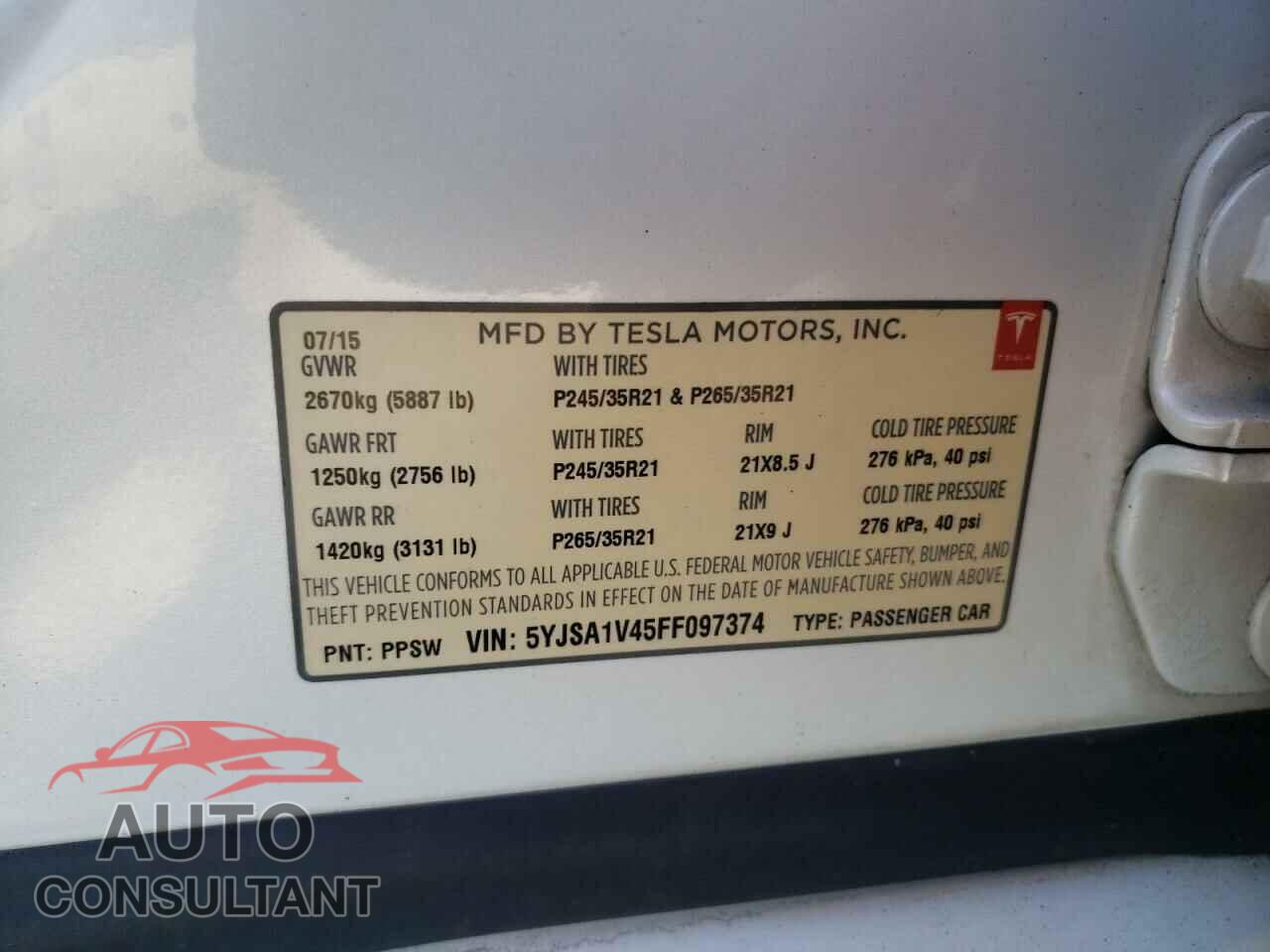 TESLA MODEL S 2015 - 5YJSA1V45FF097374