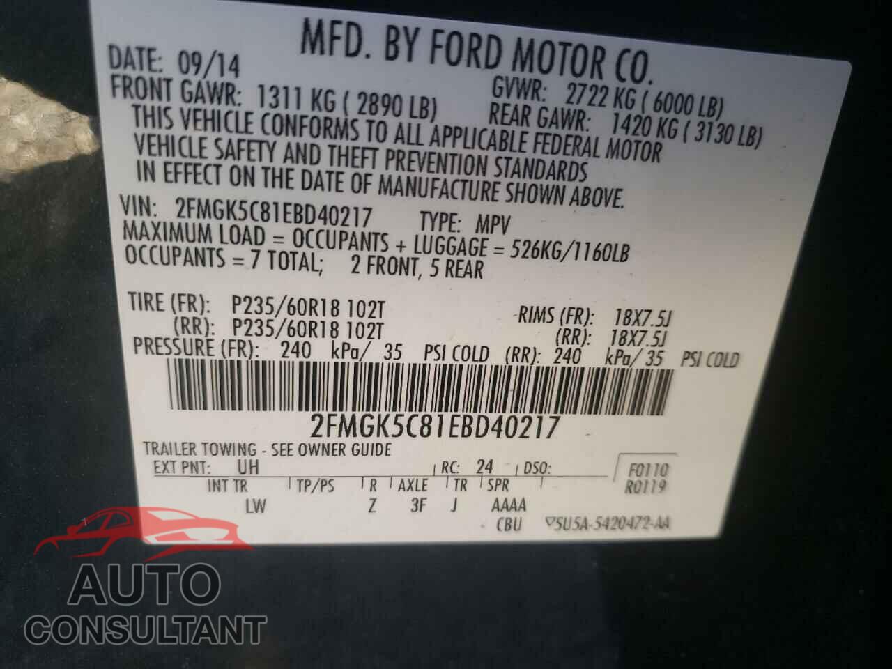 FORD FLEX 2014 - 2FMGK5C81EBD40217