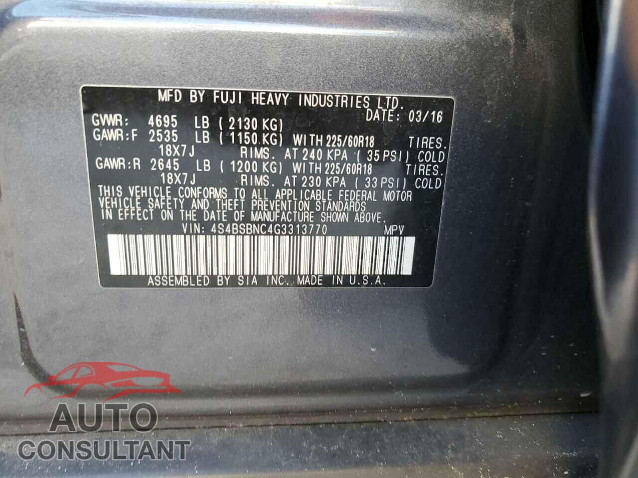 SUBARU OUTBACK 2016 - 4S4BSBNC4G3313770