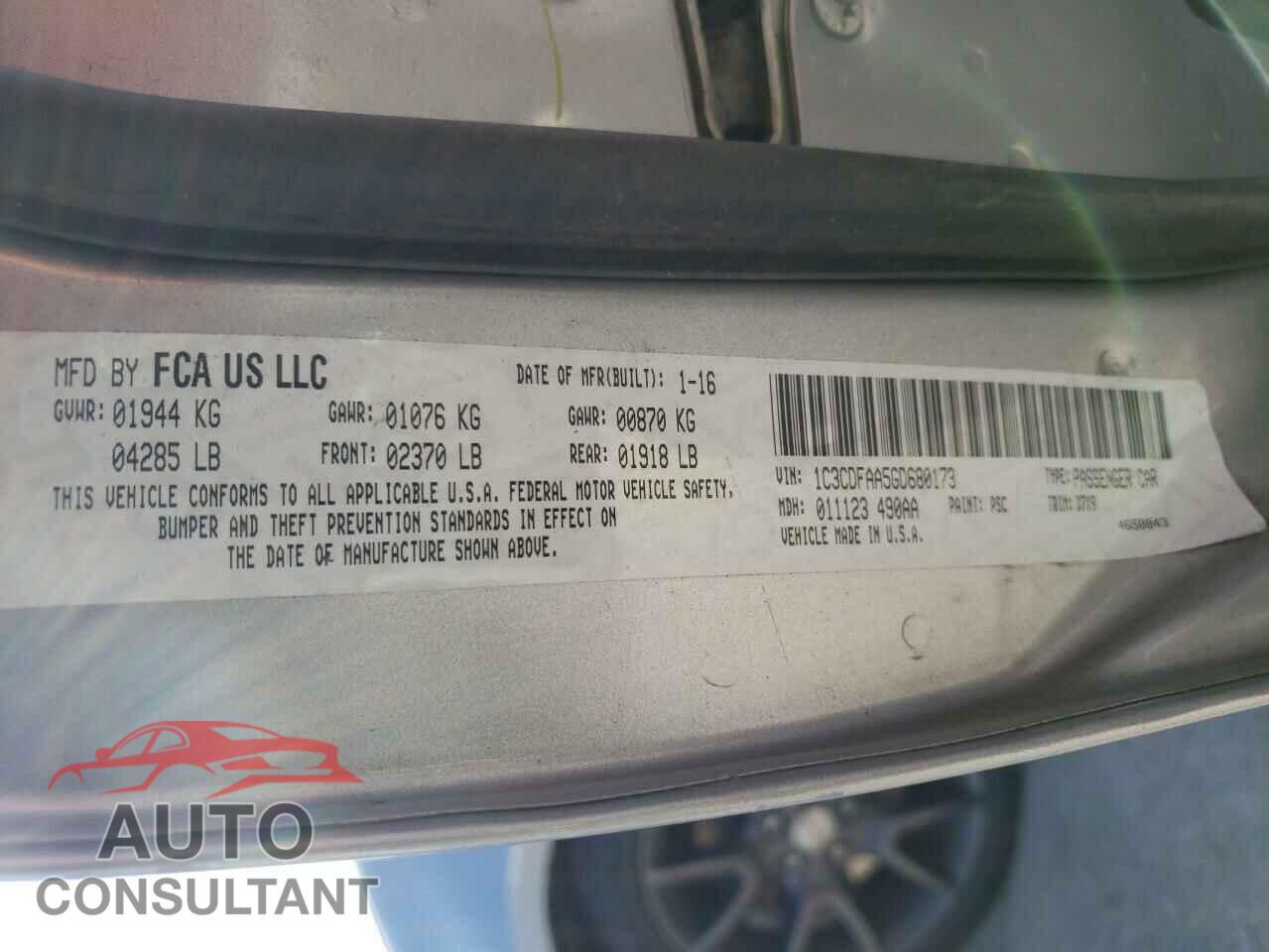 DODGE DART 2016 - 1C3CDFAA5GD680173