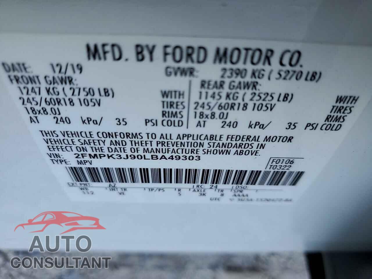 FORD EDGE 2020 - 2FMPK3J90LBA49303